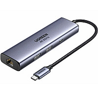 Док-станція USB3.0 Type-C --> USB-Ax2, 3.0/ 1xUSB-C 3.0/ DP4K60Hz/RJ45/ PD 100W CM512 сіра UGREEN (75643)