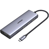 Концентратор Ugreen USB3.1 Type-C to HDMI/VGA/USB 3.0х3/RJ45/SD/TF/PD/35мм TRRS 100W 10-in-1 (15601)