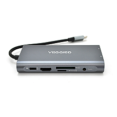 Хаб-конвертор VEGGIEG TC10-U Type-C (тато) на Type-C (мама) + USB3.0 * 3 (мама) + HDMI (мама) + VGA (мама) + SD / TF + RJ45, 10 см, Silver, Box (1585505)