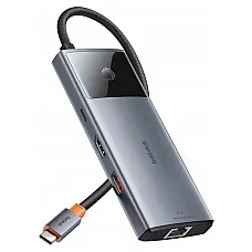 Адаптер Хаб Baseus Metal Gleam Series II  6-in-1 USB HUB Space Grey（USB-C to 1*HDMI4K@60Hz+1*USB-C(10Gbps)+2*USB-A(10Gbps)+1*RJ45+1*USB-C（PD)) (1821039)