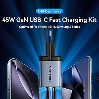 Зарядний пристрій Vention 2xUSB-C PD45W GaN + cable USB-C to USB-C 1.0m black gray (TZ-FCDH0-EU)