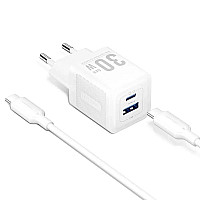Зарядний пристрій VENTION 1xUSB-C PD30W + 1xUSB QC3.0 30W GaN + cable USB-C to USB-C 1.0m white (TZ-