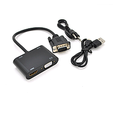Конвертер VEGGIEG V2-H VGA (тато) на VGA (мама) + HDMI (мама), 25cm, Black, Пакет (1638912)