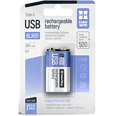 Акумулятор Крона USB-С 390 mAh 9V (Li-Polymer) ColorWay (CW-UB9V-06)