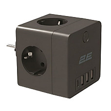 Мережевий адаптер 2E 4xТип F, 16A, 3xUSB-A, 1x USB-C, чорний (2E-AD431BK)
