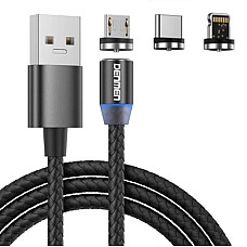 Дата кабель USB 2.0 AM to Lightning + Micro 5P + Type-C magnetic black Denmen (DN-D09E-BK)