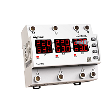 Реле напруги та струму дворежимне одно/трифазне VА-3F63А M6R на DIN-рейку 3*63А 3*13500Вт 120-270В шестимодульне з індикатором напруги (Червоний)