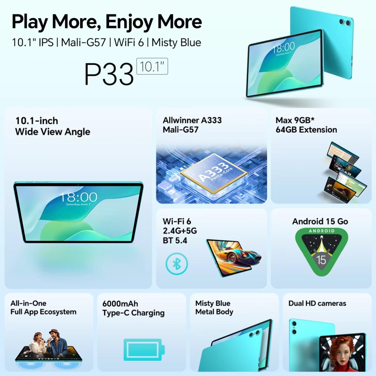 Планшет Teclast P33 KIT 10.1” HD+ / 3GB / 64GB / A333 / 6000mAh / WIFI / 5+2Mp / Metal / Blue (P33_KIT)