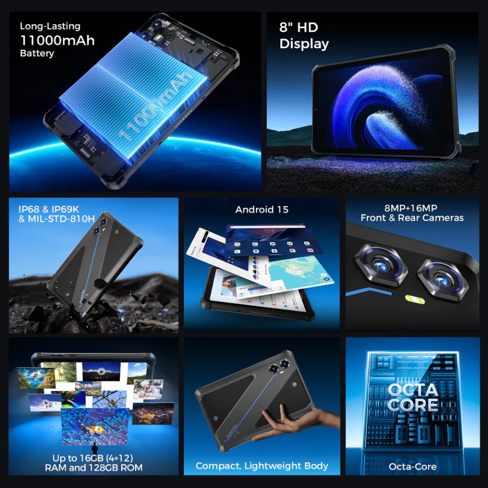 Планшет Oukitel RT3plus 8” HD / 4GB/128GB / G81 / 11000mAh / 16+8Мп / IP69K / LTE Blue (RT3Plus_Blue)