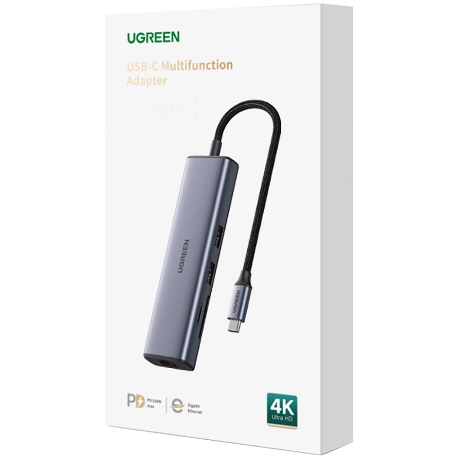 Док-станція USB3.1 Type-C --> HDMI 4K60Hz/USB 3.0x2/RJ45/SD/TF/PD 100W Ugreen CM512 Сіра (90568)
