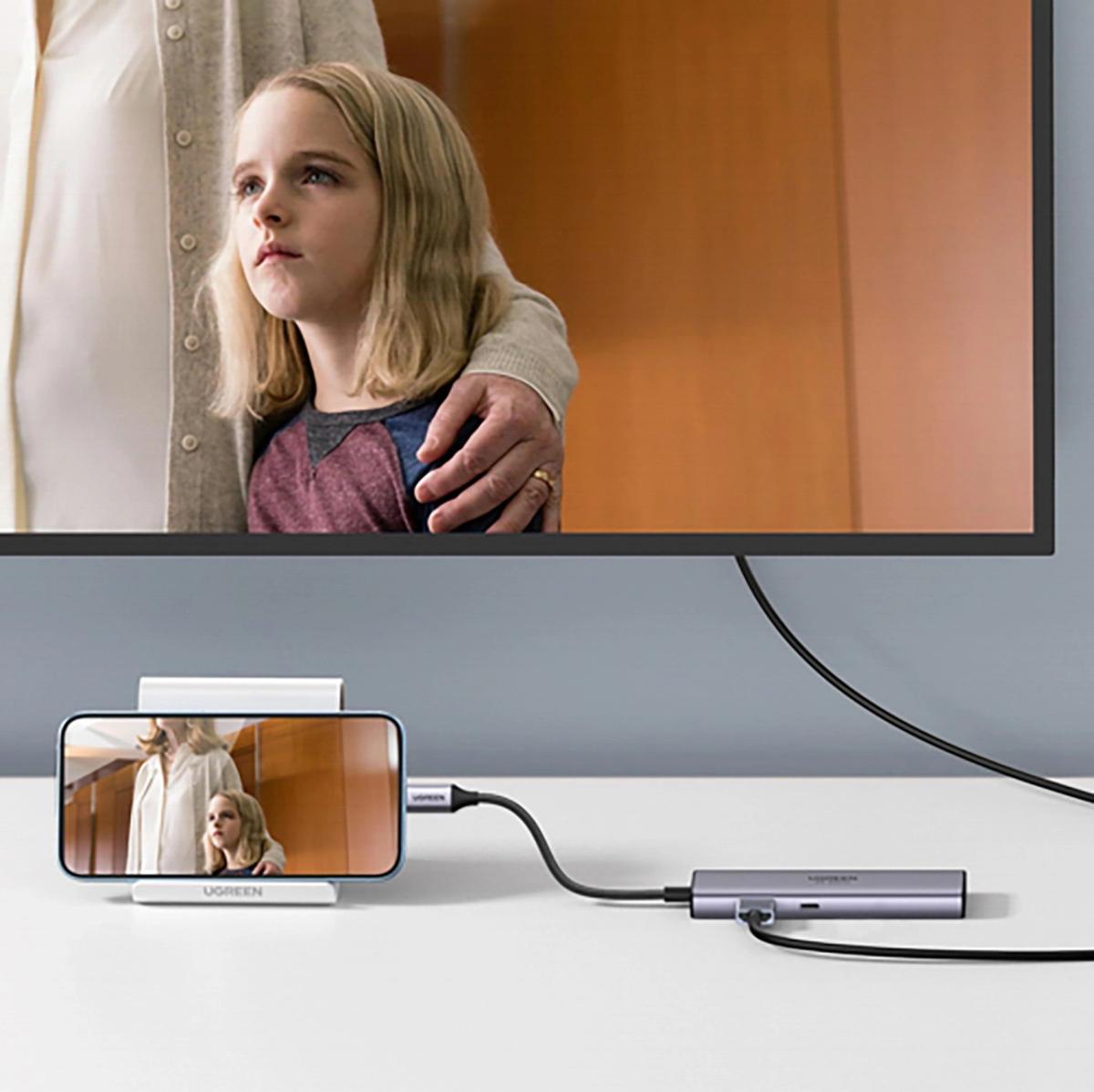 Док-станція USB3.1 Type-C --> HDMI 4K60Hz/USB 3.0x2/RJ45/SD/TF/PD 100W Ugreen CM512 Сіра (90568)