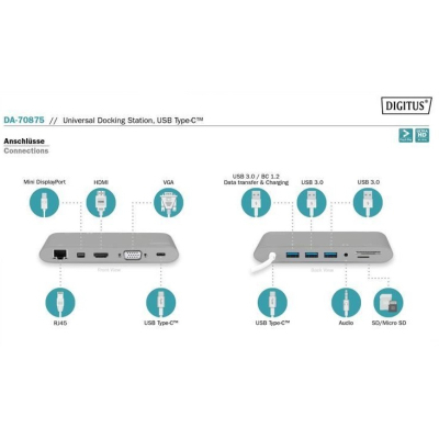 Док-станція Digitus USB-C USB3.0х3/USB-C/SD/MicroSD/HDMI/VGA/miniDisplayPort/RJ45/Audio (DA-70875)