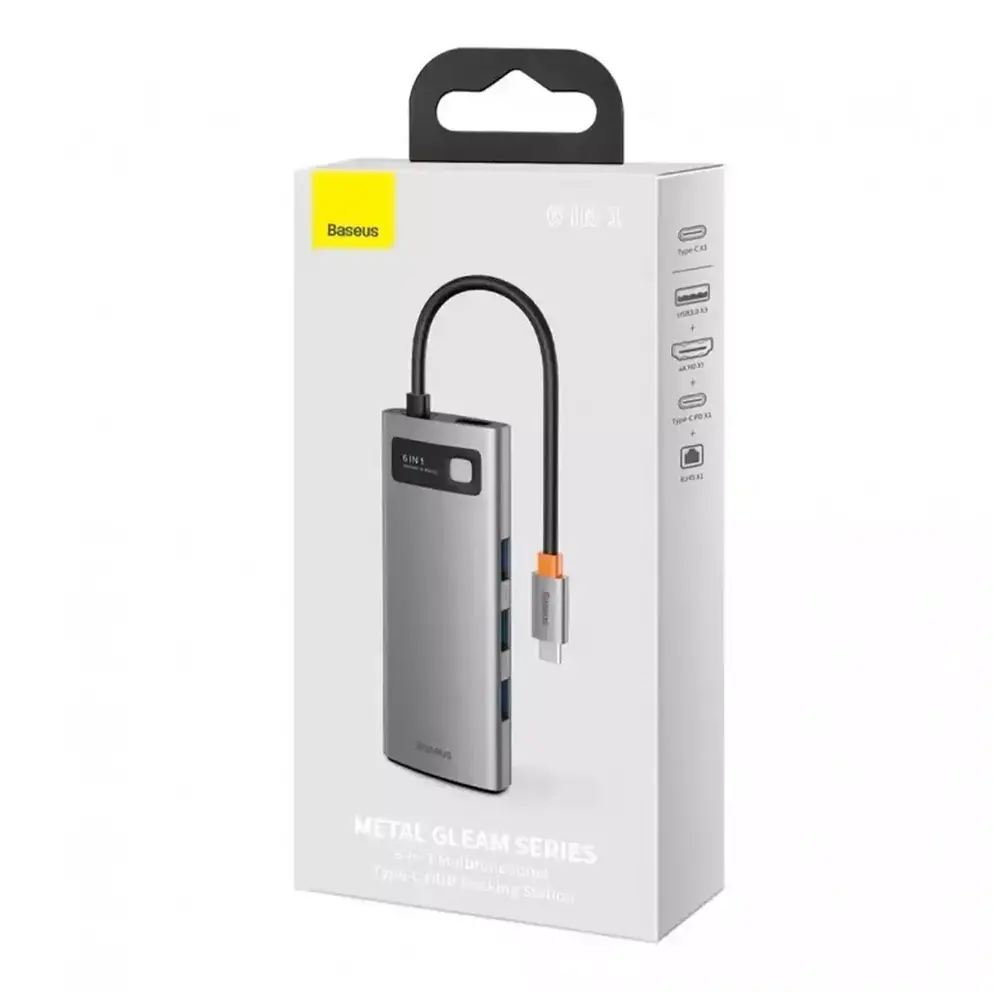 USB-Hub Baseus Metal Gleam Series 6-in-1 Multifunctional （Type-C to HDMI*1+USB3.0*3+PD*1+RJ45*1) (1500927)