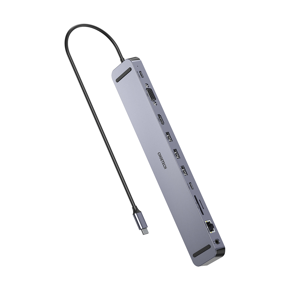 USB-C хаб 11-в-1 Choetech M20 HDMI 4K@30Hz, VGA, 3 USB-A 3.0, USB-C 3.0, RJ45, USB-C PD, SD-card, TF-card, 3.5mm audio