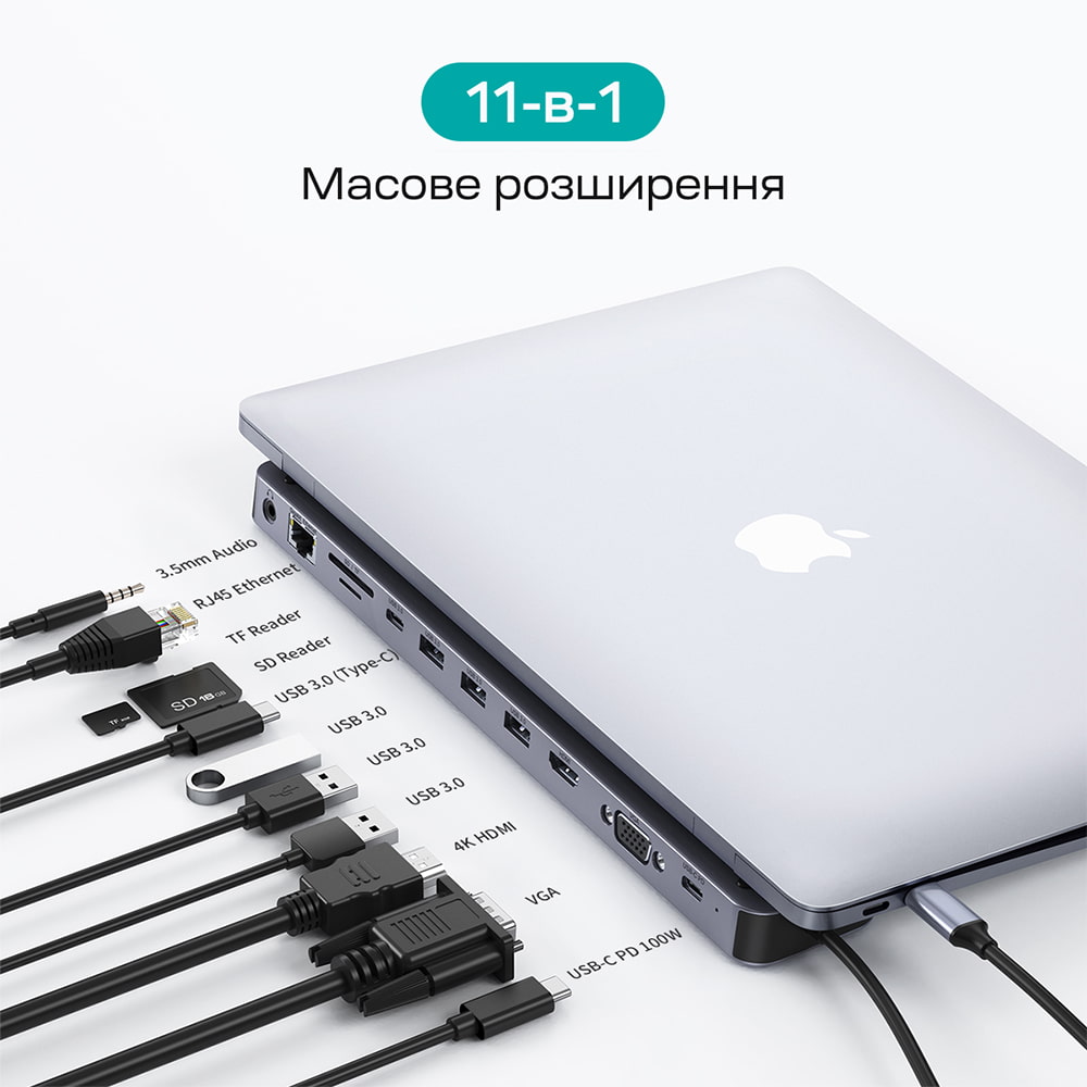 USB-C хаб 11-в-1 Choetech M20 HDMI 4K@30Hz, VGA, 3 USB-A 3.0, USB-C 3.0, RJ45, USB-C PD, SD-card, TF-card, 3.5mm audio