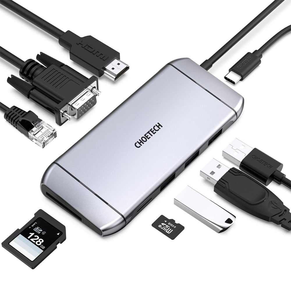 USB-C хаб 9-в-1 Choetech M15 HDMI 4K@30Hz, VGA, 3 USB3.0, RJ45, USB-C PD, SD-card, TF-card