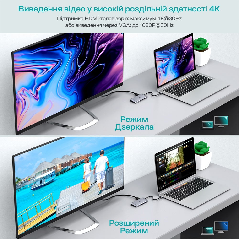 USB-C хаб 9-в-1 Choetech M15 HDMI 4K@30Hz, VGA, 3 USB3.0, RJ45, USB-C PD, SD-card, TF-card