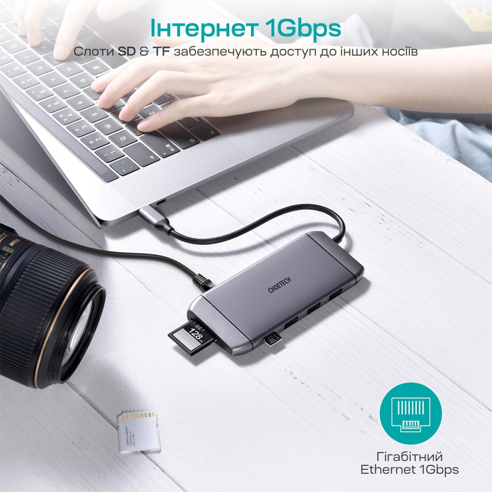 USB-C хаб 9-в-1 Choetech M15 HDMI 4K@30Hz, VGA, 3 USB3.0, RJ45, USB-C PD, SD-card, TF-card