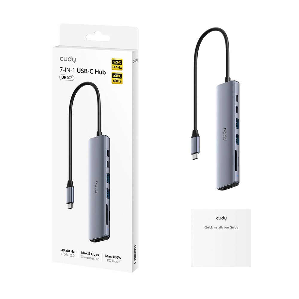 USB-C хаб 7-в-1 Cudy UH407 HDMI 4K@60Hz, 2 USB-A, 2 USB-C, SD-card, TF-card