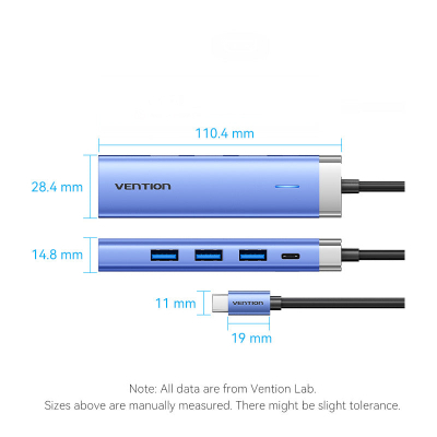 Концентратор VENTION USB 3.1 Type-C to HDMI/USB 3.0x3/PD 100W Blue Aluminum Alloy Hub 5-in-1 (TGESB)