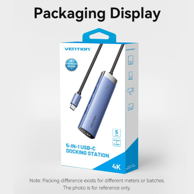 Концентратор VENTION USB 3.1 Type-C to HDMI/USB 3.0x3/PD 100W Blue Aluminum Alloy Hub 5-in-1 (TGESB)