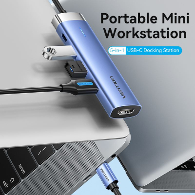 Концентратор VENTION USB 3.1 Type-C to HDMI/USB 3.0x3/PD 100W Blue Aluminum Alloy Hub 5-in-1 (TGESB)
