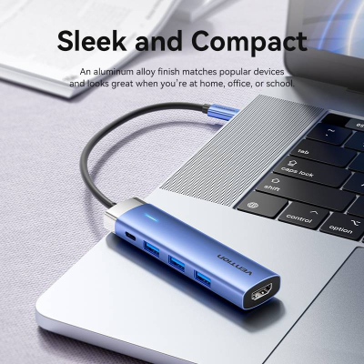 Концентратор VENTION USB 3.1 Type-C to HDMI/USB 3.0x3/PD 100W Blue Aluminum Alloy Hub 5-in-1 (TGESB)