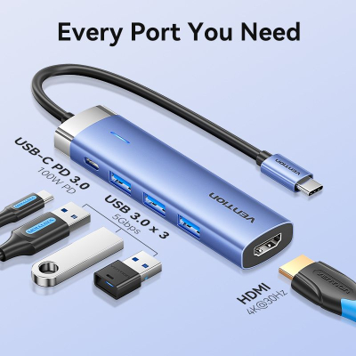 Концентратор VENTION USB 3.1 Type-C to HDMI/USB 3.0x3/PD 100W Blue Aluminum Alloy Hub 5-in-1 (TGESB)
