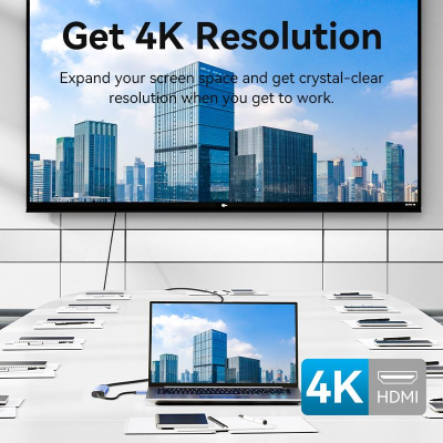 Концентратор VENTION USB 3.1 Type-C to HDMI/USB 3.0x3/PD 100W Blue Aluminum Alloy Hub 5-in-1 (TGESB)