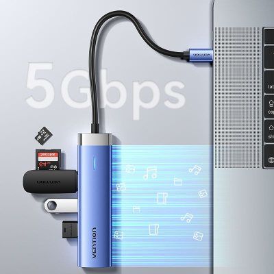 Концентратор VENTION USB 3.1 Type-C to HDMI/USB 3.0x3/PD 100W Blue Aluminum Alloy Hub 5-in-1 (TGESB)