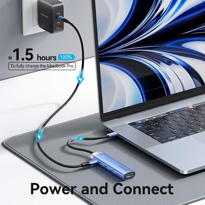 Концентратор VENTION USB 3.1 Type-C to HDMI/USB 3.0x3/PD 100W Blue Aluminum Alloy Hub 5-in-1 (TGESB)