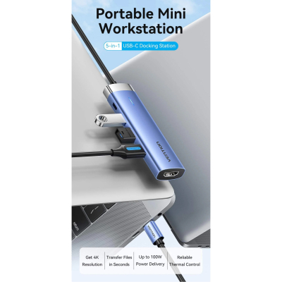 Концентратор VENTION USB 3.1 Type-C to HDMI/USB 3.0x3/PD 100W Blue Aluminum Alloy Hub 5-in-1 (TGESB)