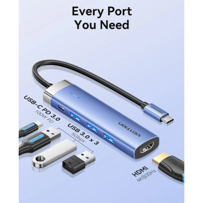 Концентратор VENTION USB 3.1 Type-C to HDMI/USB 3.0x3/PD 100W Blue Aluminum Alloy Hub 5-in-1 (TGESB)