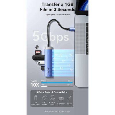 Концентратор VENTION USB 3.1 Type-C to HDMI/USB 3.0x3/PD 100W Blue Aluminum Alloy Hub 5-in-1 (TGESB)