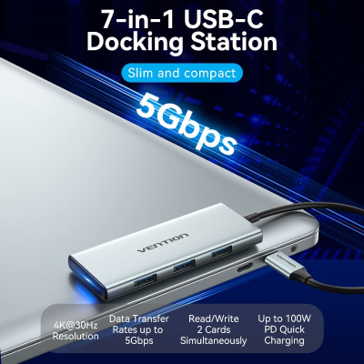 Концентратор VENTION USB 3.1 Type-C to HDMI/USB 3.0x3/SD/TF/PD 100W 7-in-1 (TOPHB)