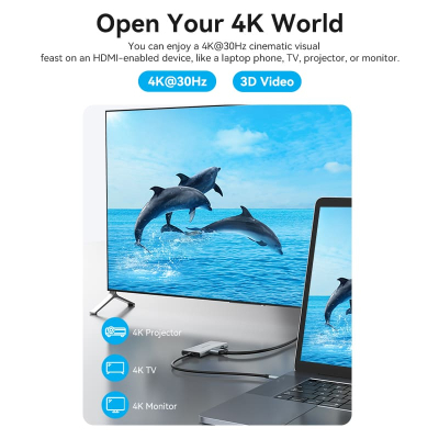 Концентратор VENTION USB 3.1 Type-C to HDMI/USB 3.0x3/SD/TF/PD 100W 7-in-1 (TOPHB)