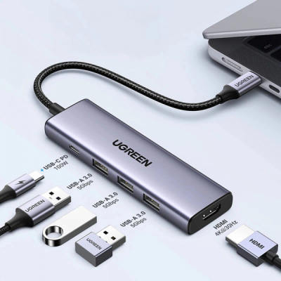Порт-реплікатор Ugreen Dock CM511 5in1 USB3.1 Type-C --> HDMI 60Hz/3xUSB-А 3.0/Type-C/PD 100W (15597