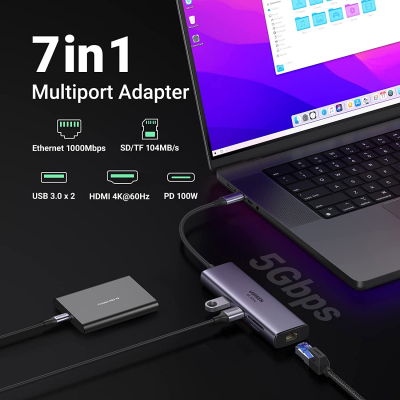 Концентратор Ugreen USB3.1 Type-C to HDMI/USB 3.0x2/RJ45/SD/TF/PD 100W CM512 (60515)