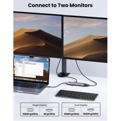Концентратор Ugreen USB3.1 Type-C to HDMI/VGA/USB 3.0х3/RJ45/SD/TF/PD/35мм TRRS 100W 10-in-1 (15601)