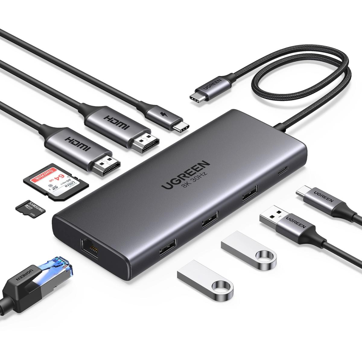 Док-станція USB3.2 Type-C --> HDMIx2,8K30Hz/4K60Hz/3xUSB-A/2xUSB-C 3.2/ RJ45/SD/TF/PD 100W CM639 (15534)