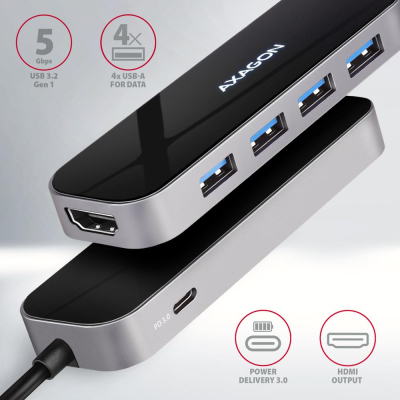 Концентратор AXAGON USB-C 6-in-1 to 4xUSB-A 5Gbps + 1xUSB-C PD100W + HDMI 4K30Hz 0.2m aluminum (HMC-