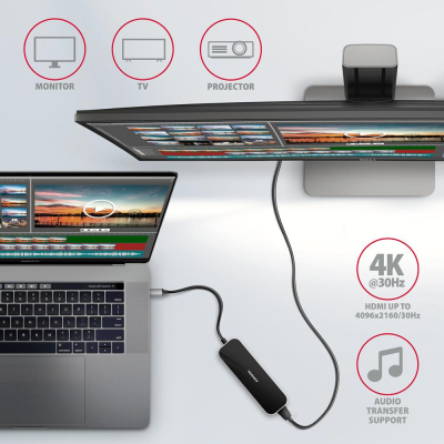 Концентратор AXAGON USB-C 6-in-1 to 4xUSB-A 5Gbps + 1xUSB-C PD100W + HDMI 4K30Hz 0.2m aluminum (HMC-