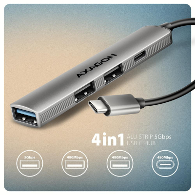 Концентратор AXAGON USB-C to 1xUSB-A 5Gbps + 2xUSB-A 480Mbps + 1xUSB-C 480Mbps 0.12m aluminum (HUE-S