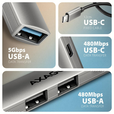 Концентратор AXAGON USB-C to 1xUSB-A 5Gbps + 2xUSB-A 480Mbps + 1xUSB-C 480Mbps 0.12m aluminum (HUE-S