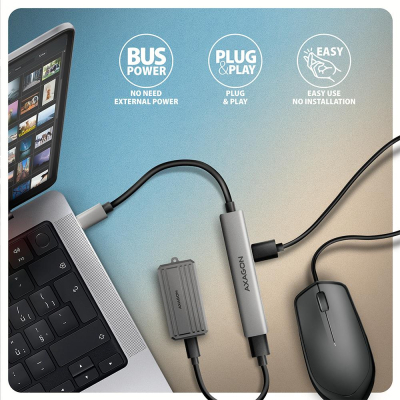Концентратор AXAGON USB-C to 1xUSB-A 5Gbps + 2xUSB-A 480Mbps + 1xUSB-C 480Mbps 0.12m aluminum (HUE-S