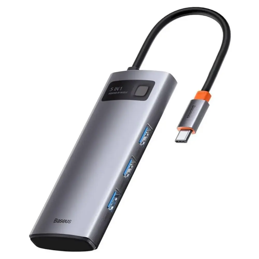Адаптер Хаб Baseus Metal Gleam Series 5-in-1 Multifunctional Type-C HUB Docking Station Gray 30Hz Version（Type-C to HDMI*1+USB3.0*3+PD*1) (WKWG020013) (1821038)