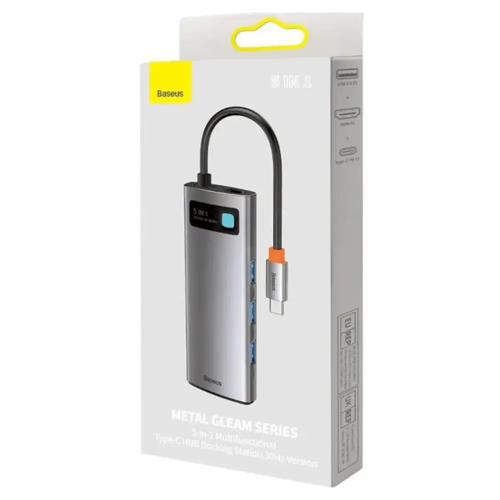 Адаптер Хаб Baseus Metal Gleam Series 5-in-1 Multifunctional Type-C HUB Docking Station Gray 30Hz Version（Type-C to HDMI*1+USB3.0*3+PD*1) (WKWG020013) (1821038)
