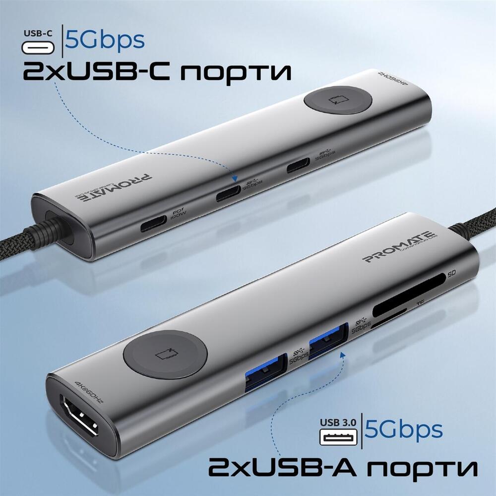 USB-хаб Promate ComandHub-Lite USB Type-C Grey USB-хаб Promate ComandHub-Lite USB Type-C Grey