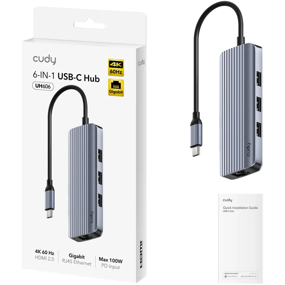 Концентратор Cudy USB-C 6-in-1 1xHDMI 4K + 1xUSB-C + 1xUSB 3.0 5Gbps + 2xUSB 2.0 (UH606)