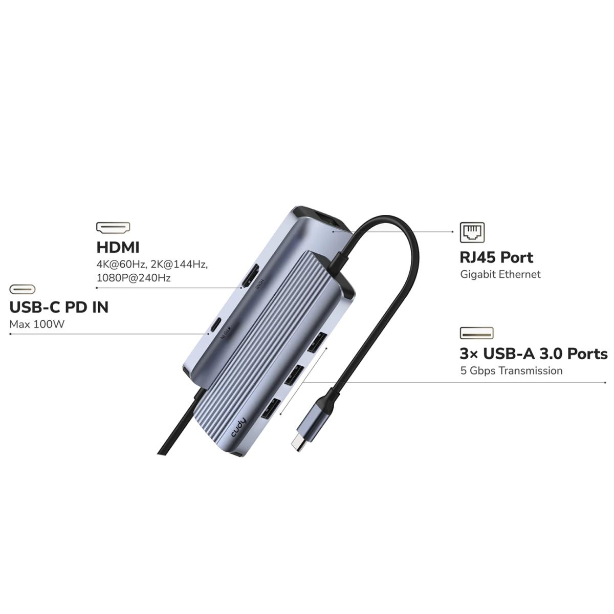 Концентратор Cudy USB-C 6-in-1 1xHDMI 4K + 1xUSB-C + 1xUSB 3.0 5Gbps + 2xUSB 2.0 (UH606)